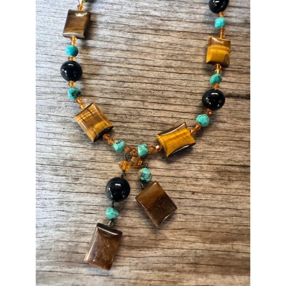 Tiger's Eye Turquoise & Black Onyx Beaded Necklace With Silver Clasp - Picture 2 of 7